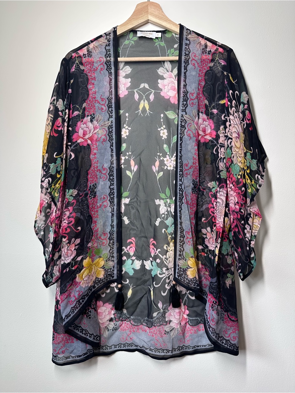 Johnny Was 100% Silk Floral Kimono Cardigan Tassels XS Boho Chiffon Cover Up‎